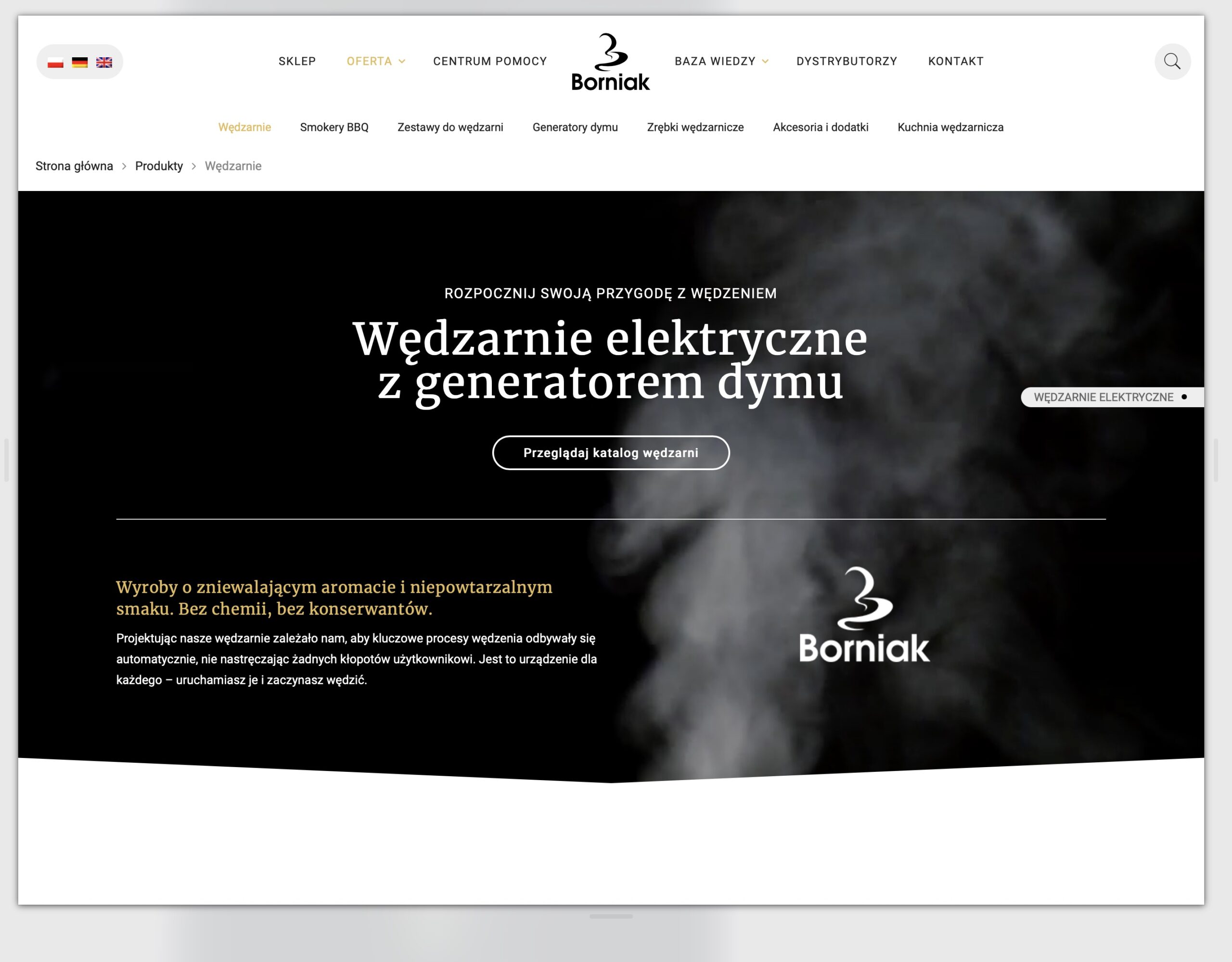 Widok strony Borniak z ofertą wędzarni elektrycznych