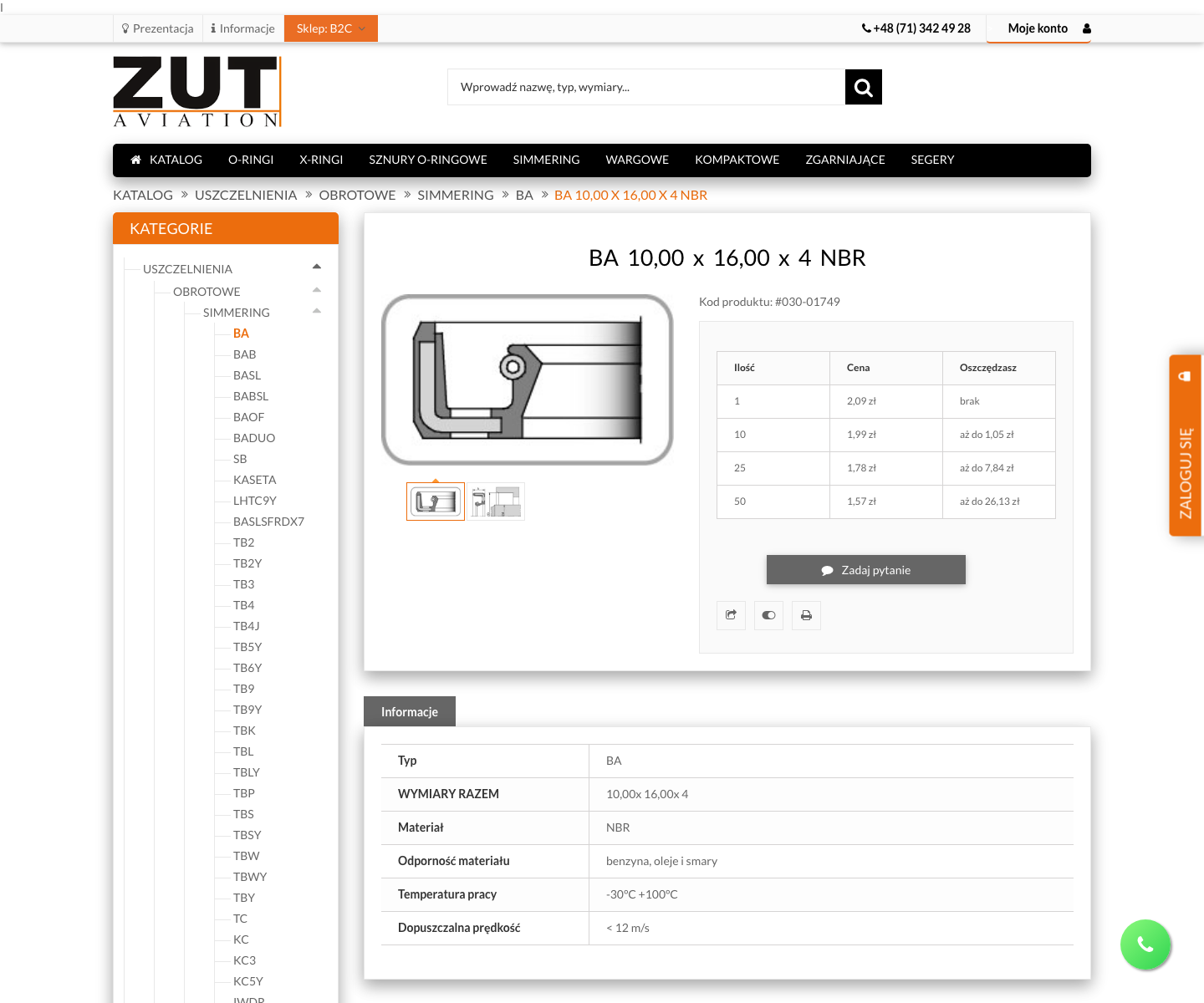 Karta produktu uszczelnienia BA w sklepie PrestaShop ZUT