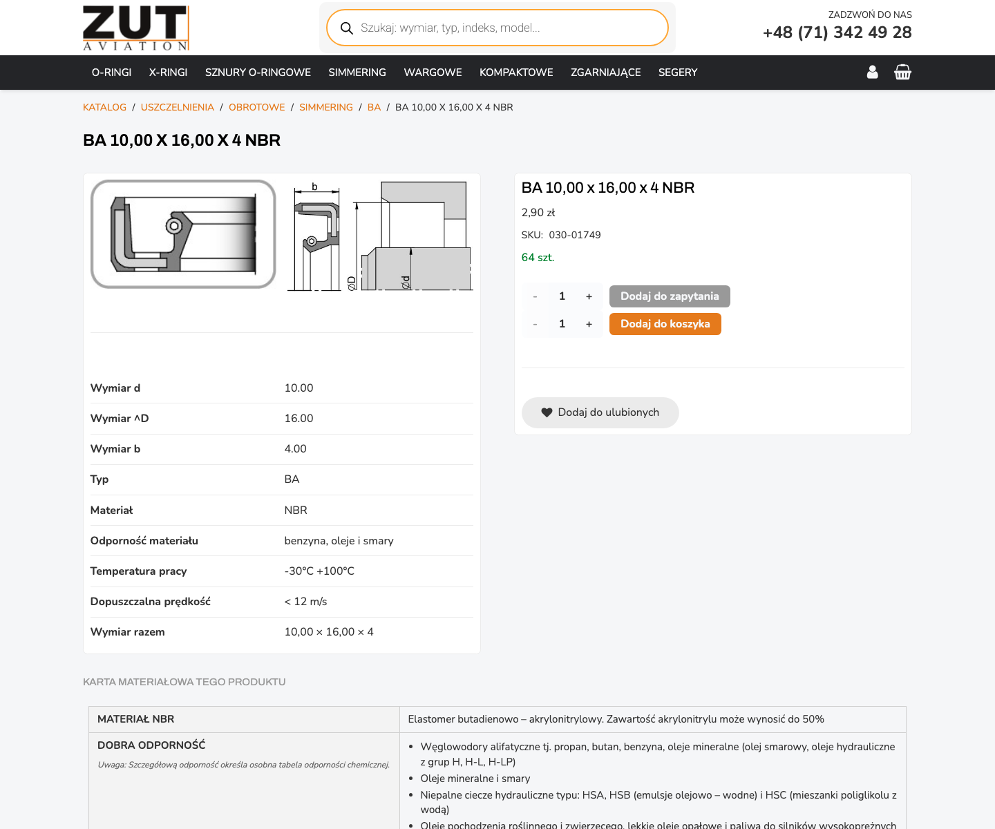 Karta produktu uszczelnienia BA w WooCommerce ZUT