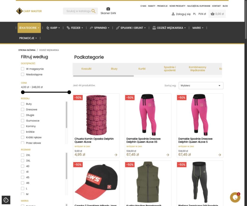 Katalog sklepu CarpMaster z rozbudowanymi filtrami produktów