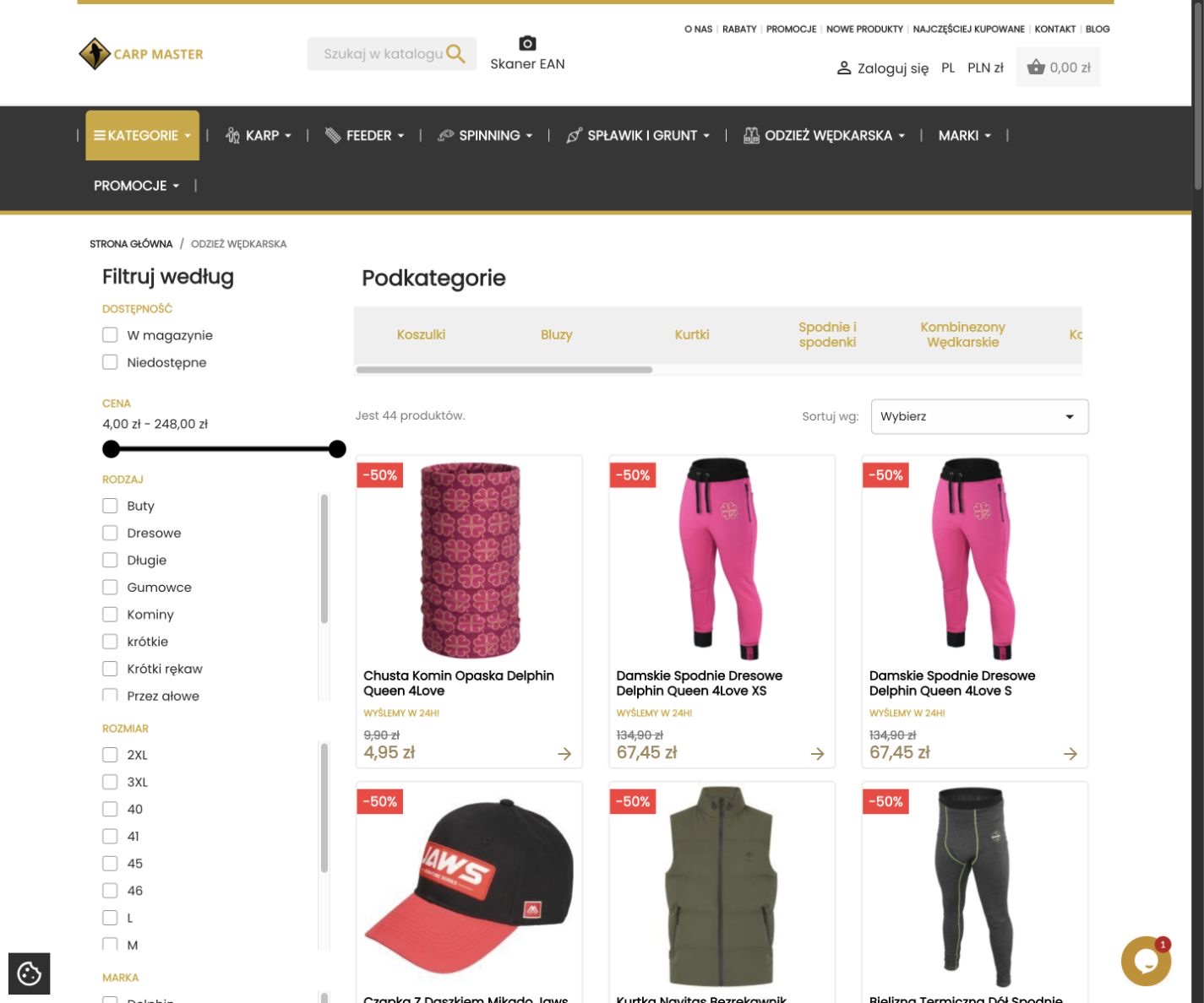 Katalog sklepu CarpMaster z rozbudowanymi filtrami produktów