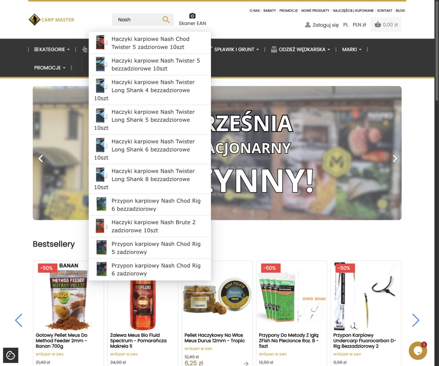 Wyszukiwarka CarpMaster z podpowiedziami produktów na żywo