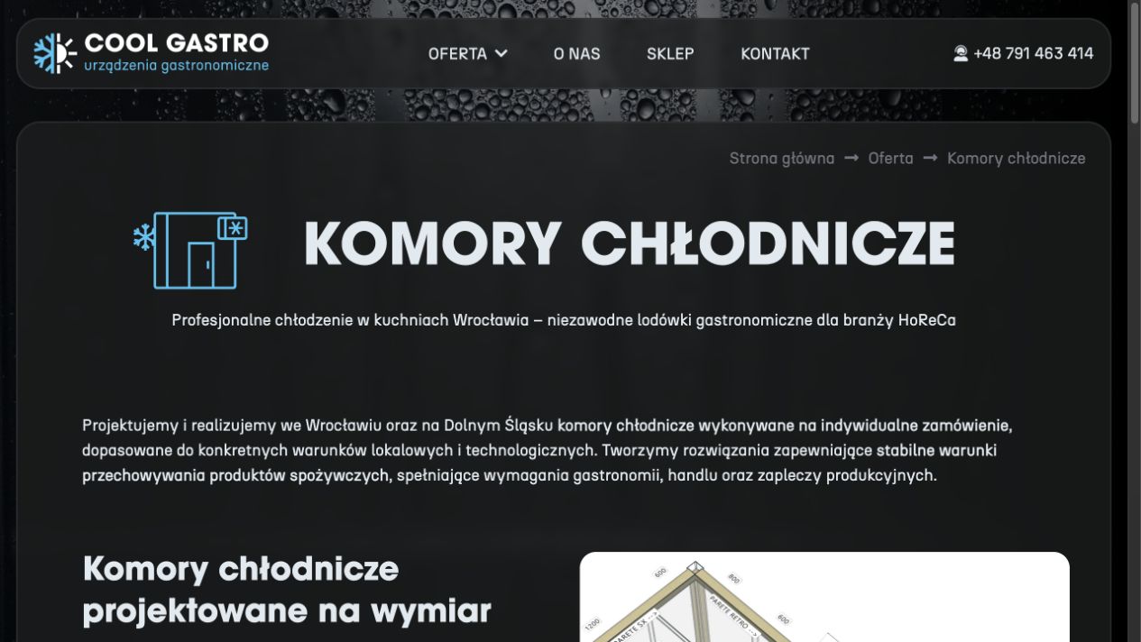 Oferta komór chłodniczych projektowanych na wymiar na stronie CoolGastro