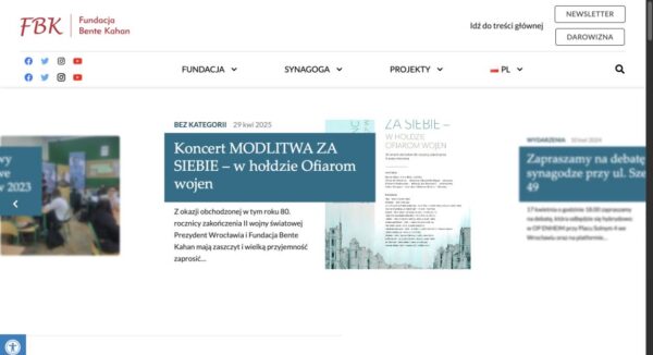 Aktualna strona główna Fundacji Bente Kahan z wydarzeniem i nawigacją