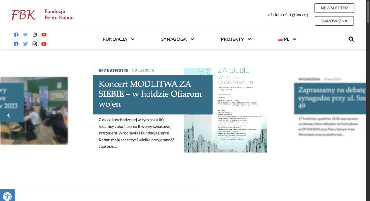 Aktualna strona główna Fundacji Bente Kahan z wydarzeniem i nawigacją