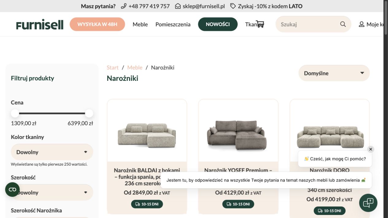 Katalog narożników Furnisell z filtrami wymiarów, tkanin i parametrów