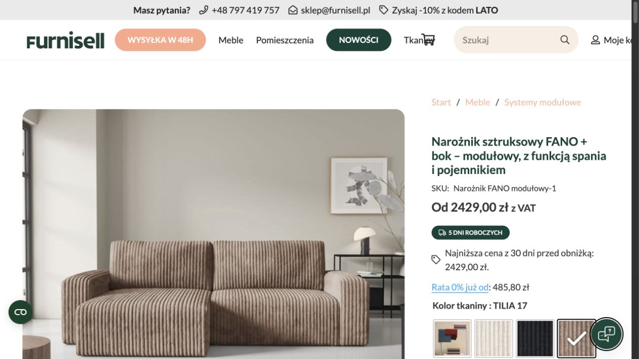Karta narożnika Furnisell z wyborem tkaniny i konfiguracją produktu