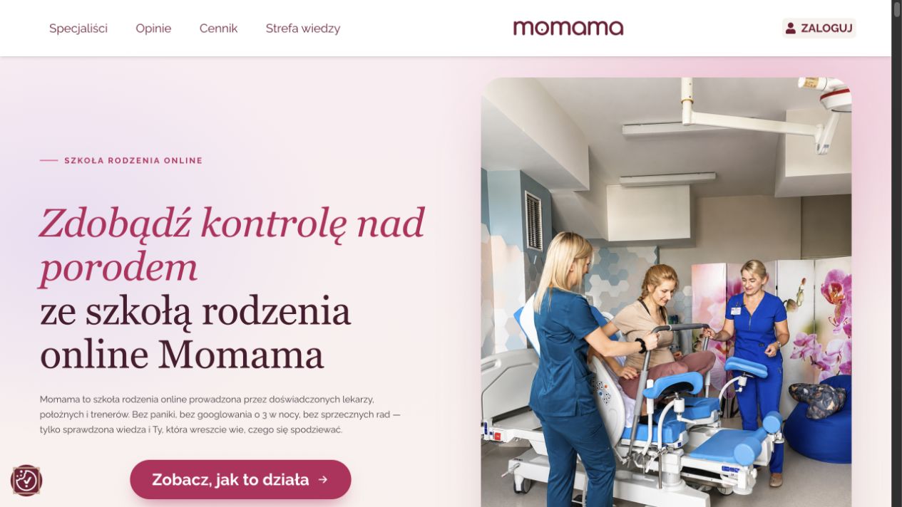 Szkoła rodzenia online Momama — widok strony głównej