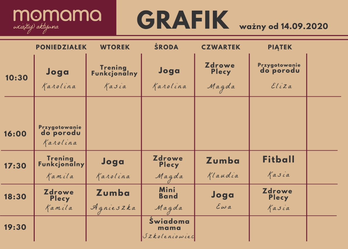 Grafik zajęć szkoły rodzenia online Momama