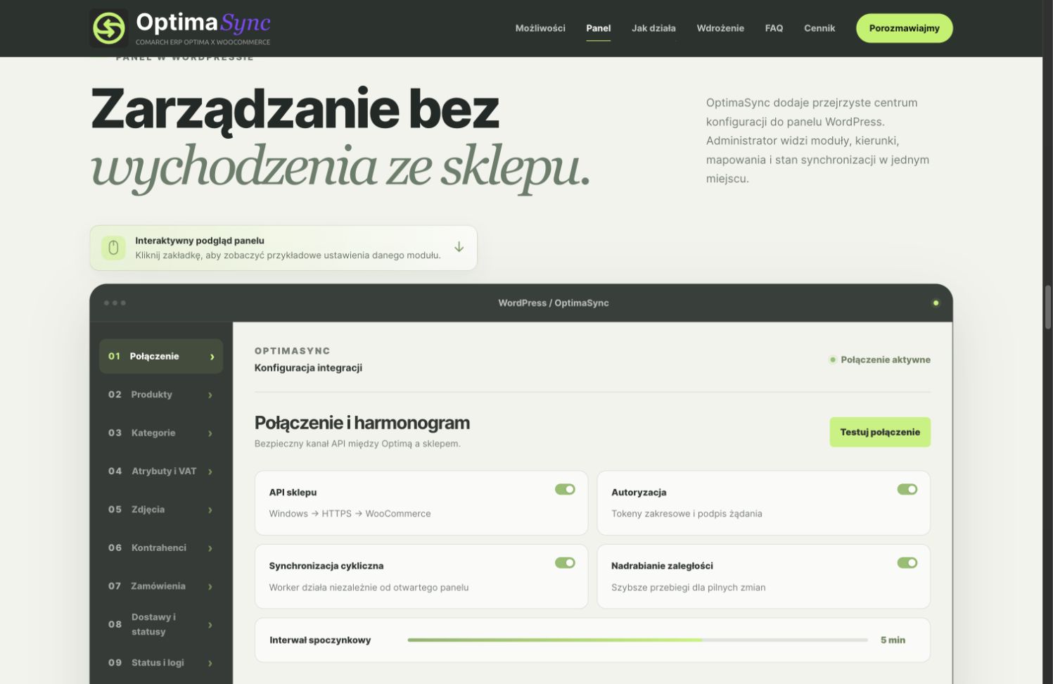 Panel WordPress OptimaSync z konfiguracją połączenia i harmonogramu synchronizacji