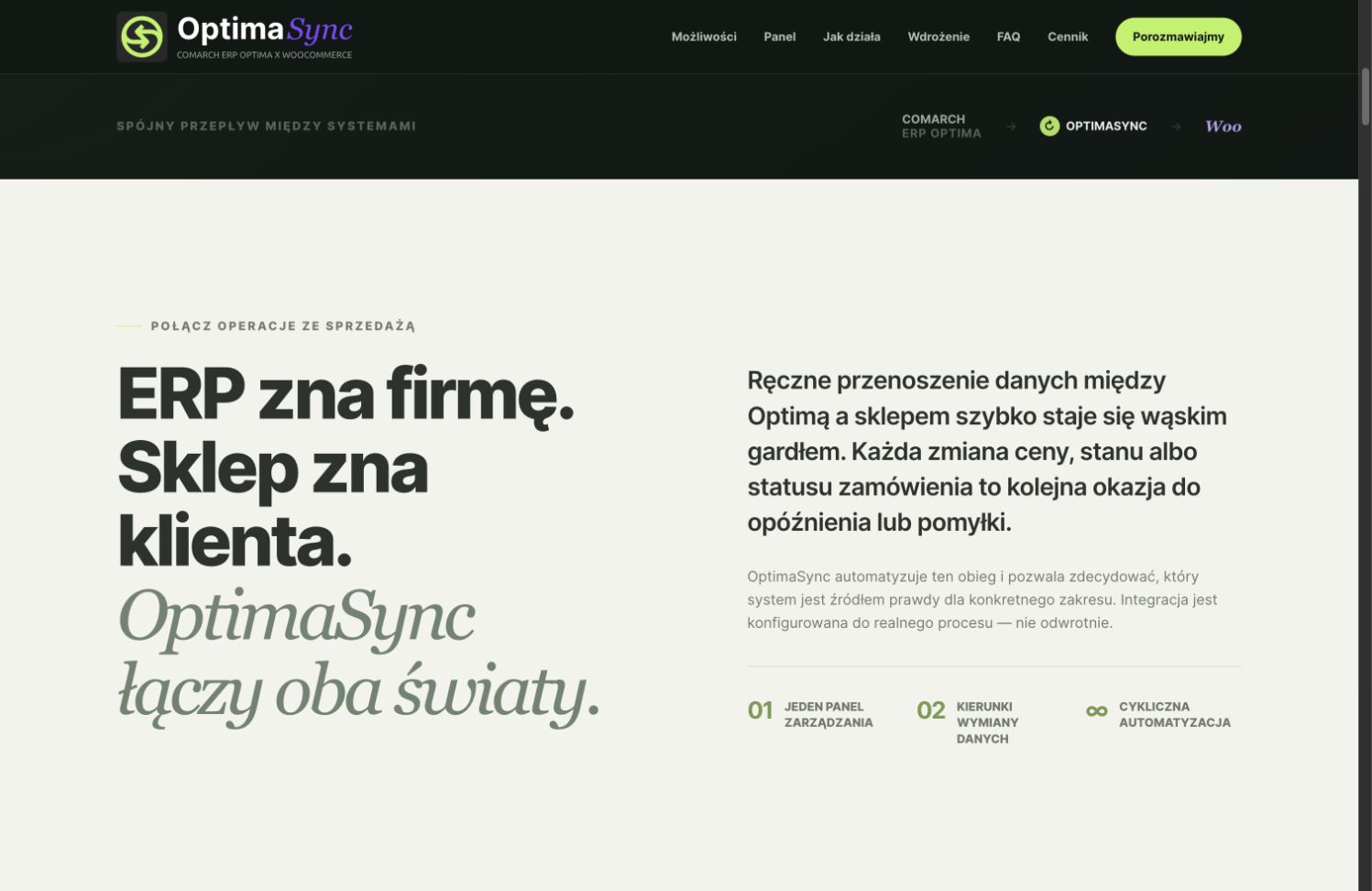 Sekcja pokazująca OptimaSync jako połączenie systemu ERP ze sprzedażą WooCommerce