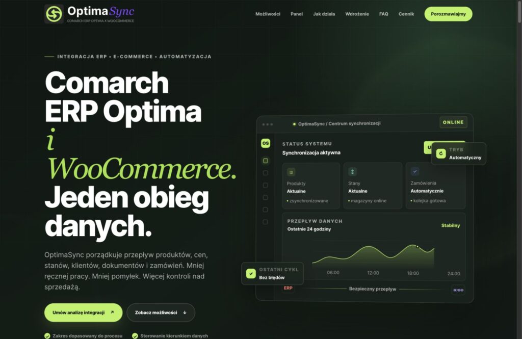 Strona główna OptimaSync prezentująca integrację Comarch ERP Optima z WooCommerce