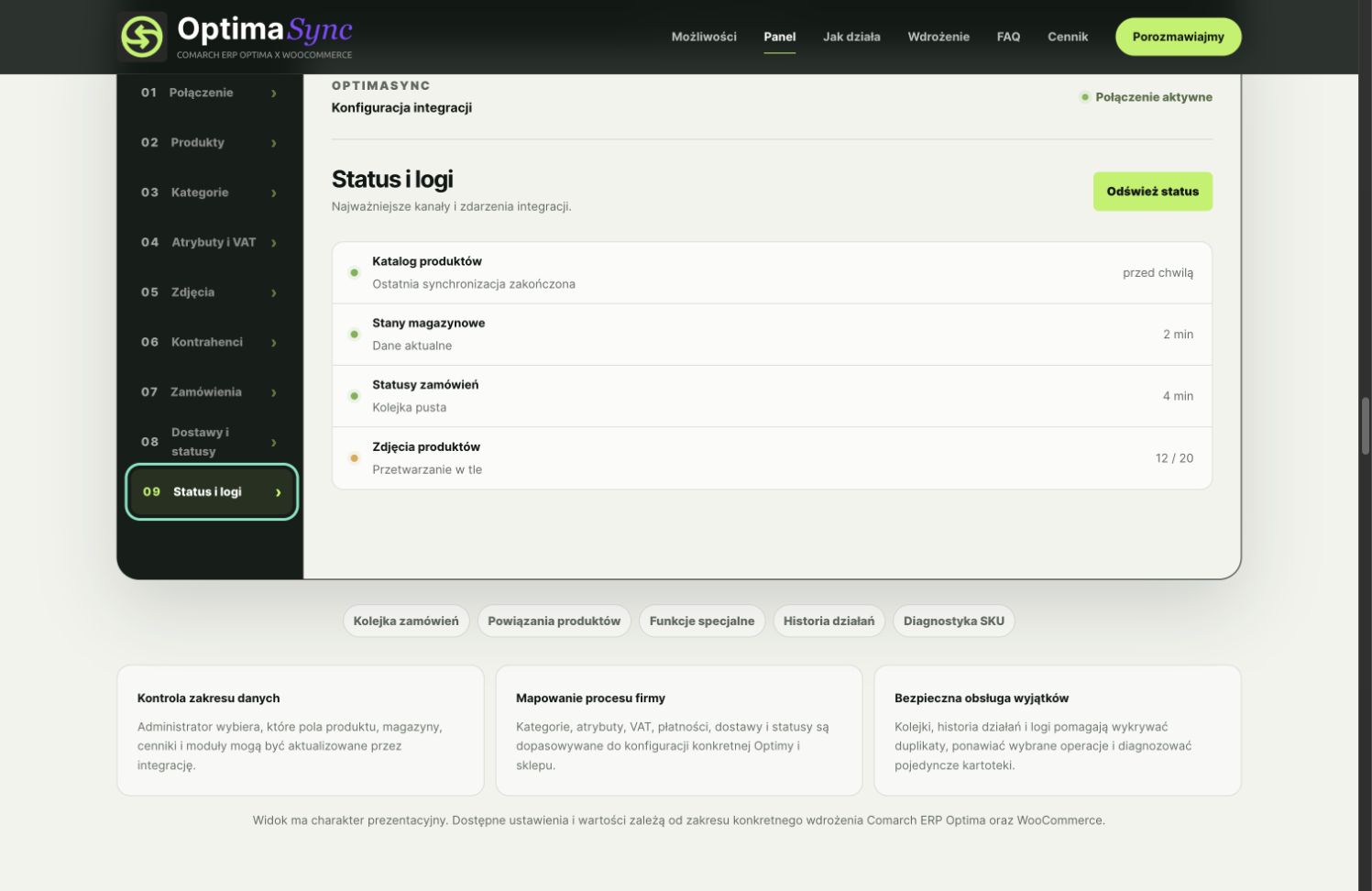 Panel statusu synchronizacji katalogu, stanów, zamówień i mediów