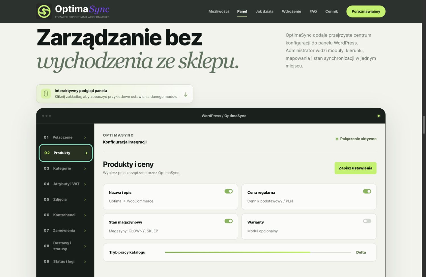 Panel OptimaSync do wyboru pól produktu, cen, stanów i wariantów