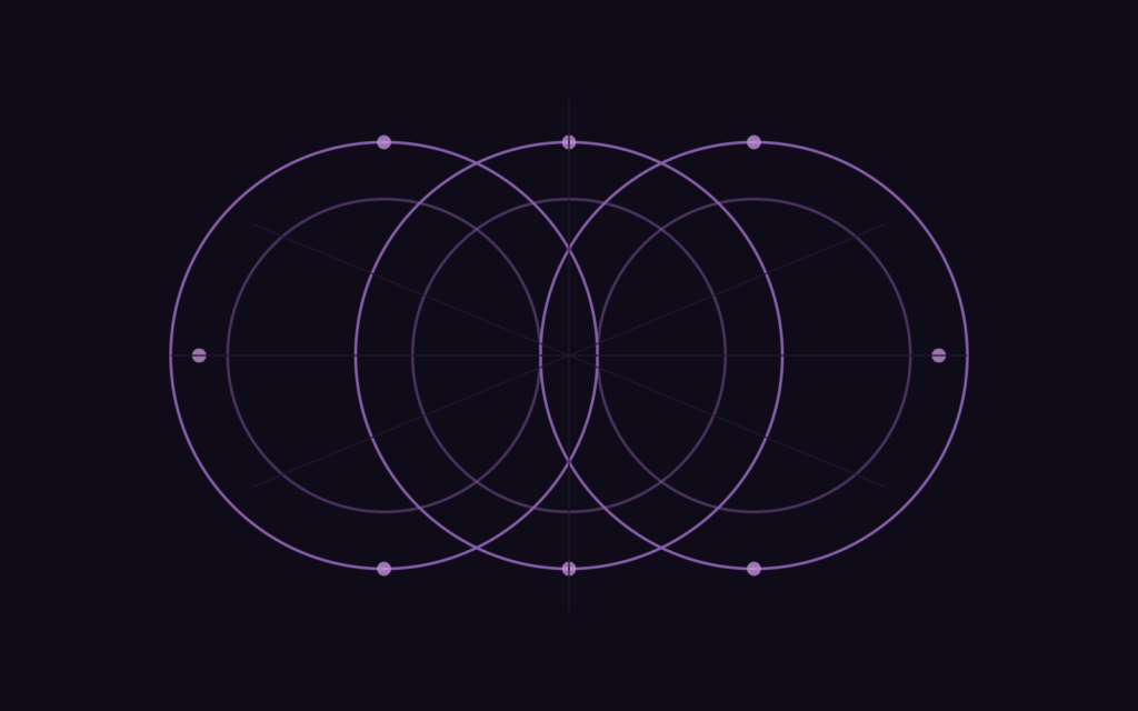 Abstrakcyjna geometryczna kompozycja z trzema nakładającymi się okręgami na ciemnym tle