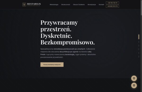 Pierwszy ekran strony Restabilis z elegancką, ciemną identyfikacją