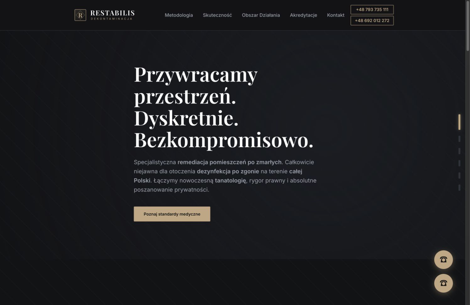 Pierwszy ekran strony Restabilis z elegancką, ciemną identyfikacją