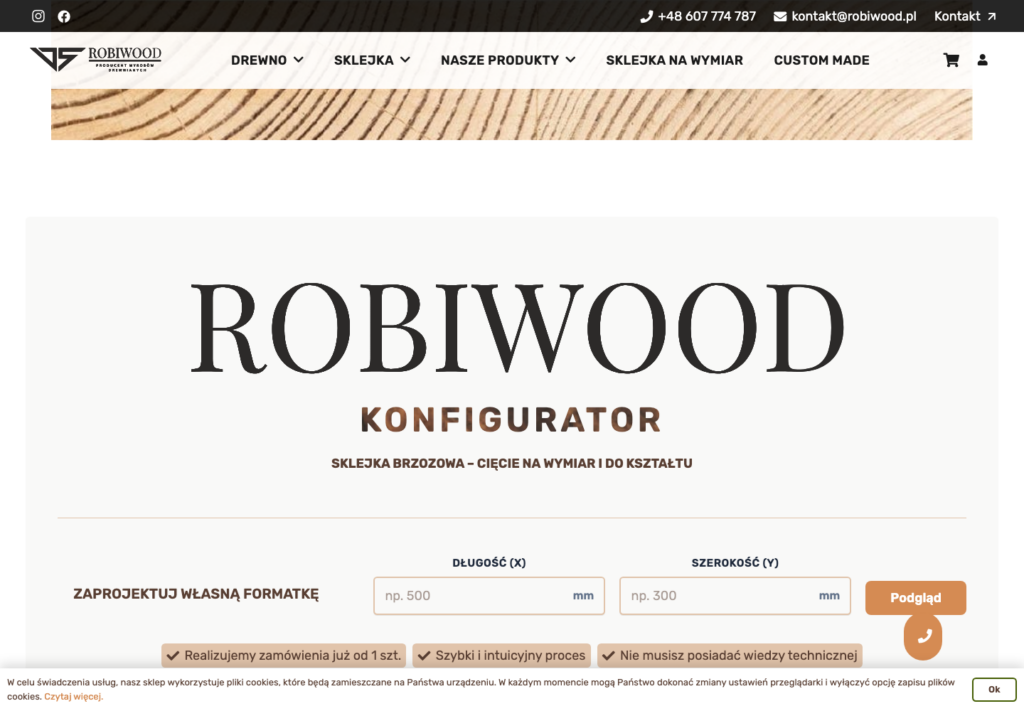 Strona główna sklepu Robiwood z konfiguracją sklejki na wymiar