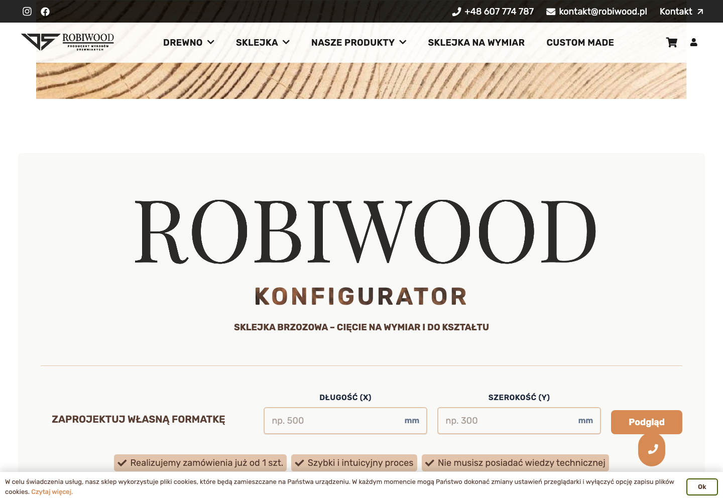 Strona główna sklepu Robiwood z konfiguracją sklejki na wymiar