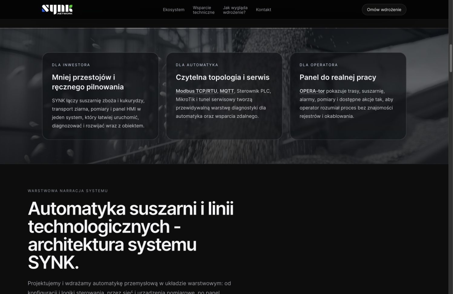 Sekcja SYNK dla inwestora, automatyka i operatora na tle instalacji zbożowej