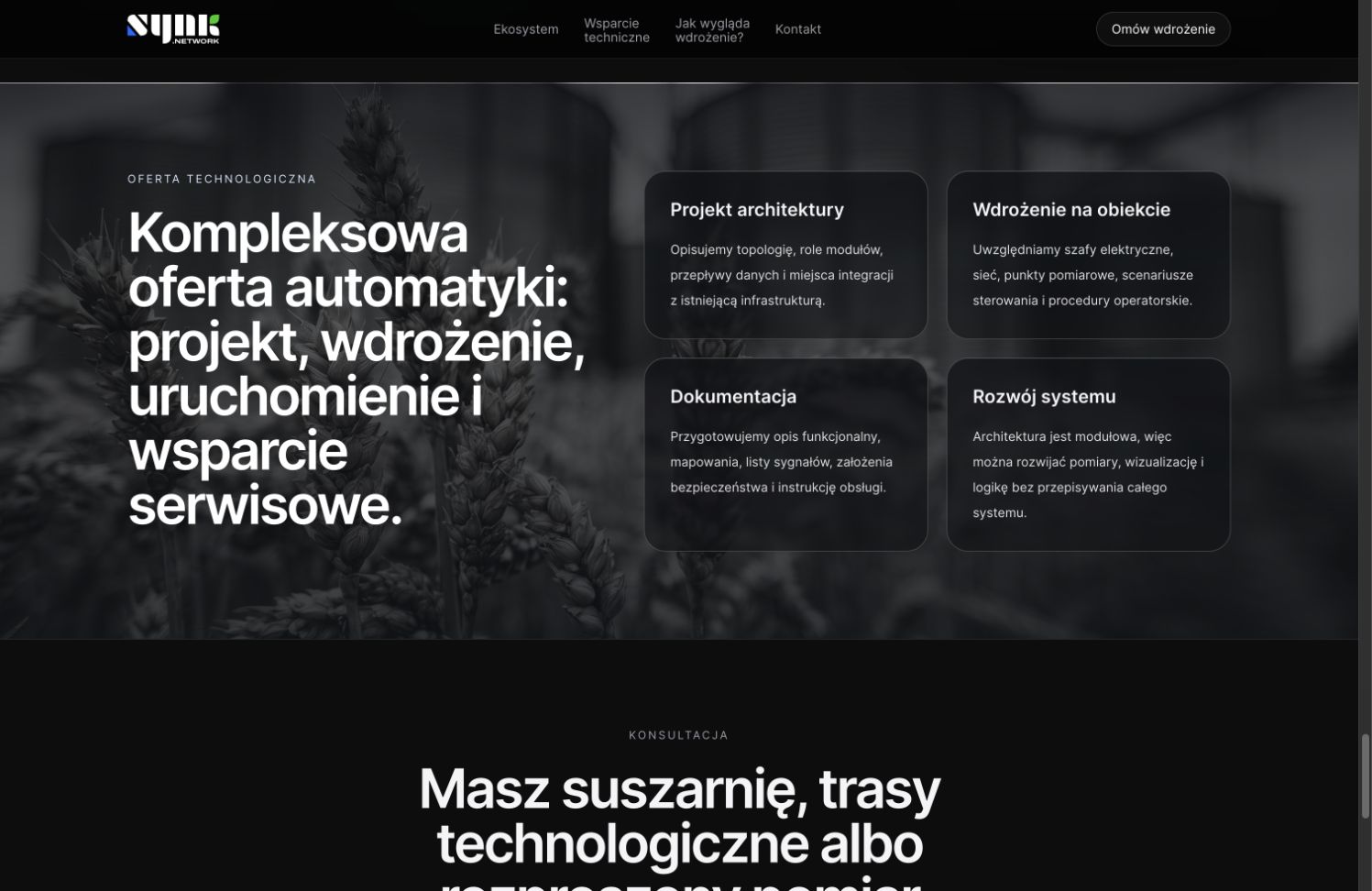 Oferta projektu, wdrożenia, dokumentacji i rozwoju automatyki SYNK na tle silosów