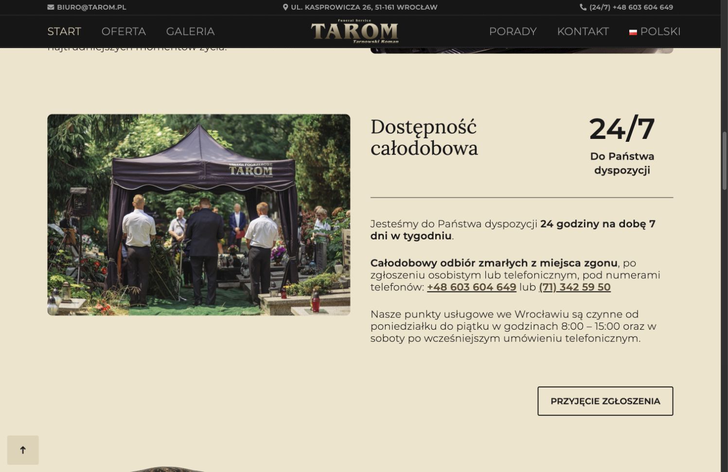 Sekcja kontaktu i całodobowej dostępności zakładu pogrzebowego TAROM