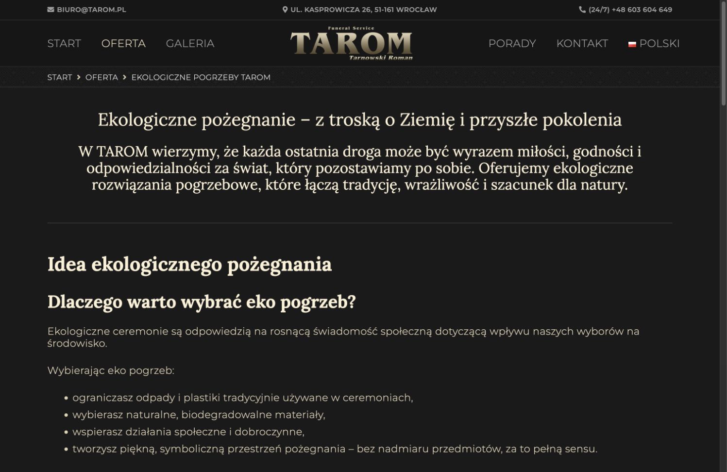 Podstrona ekologicznych pogrzebów w serwisie TAROM
