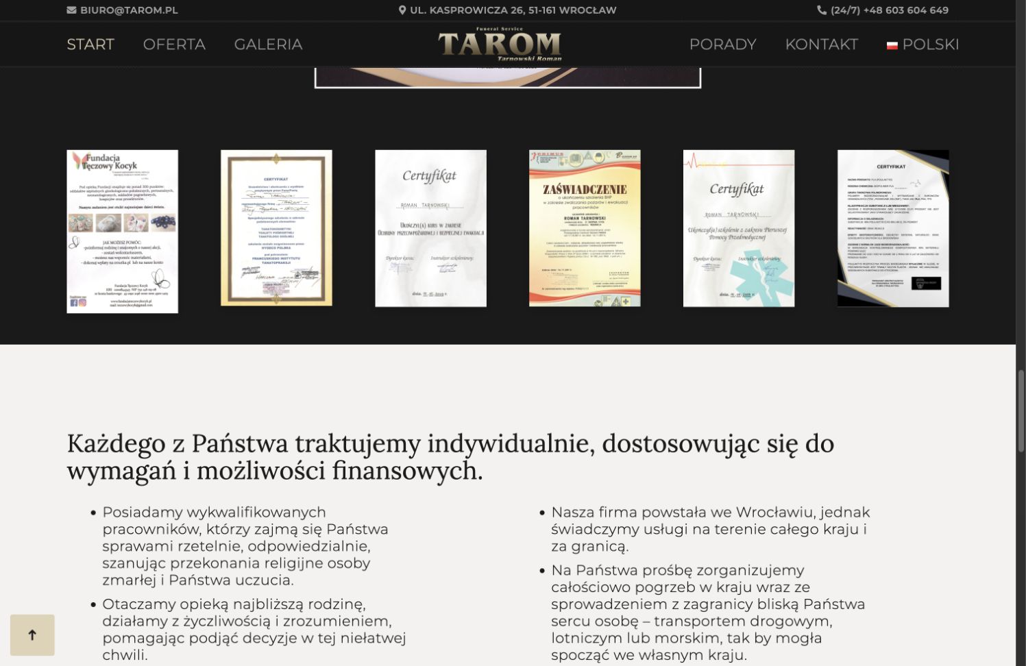 Sekcja o indywidualnym podejściu w serwisie TAROM