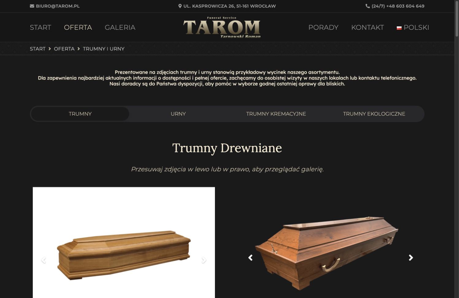 Rozbudowany katalog trumien i urn na stronie TAROM