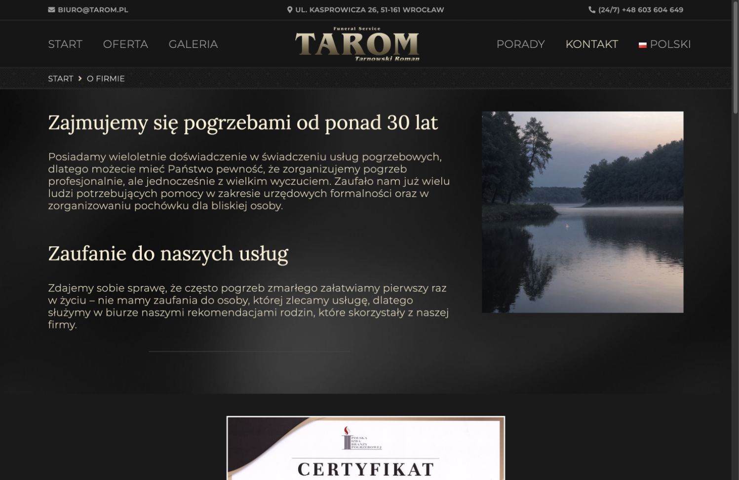Podstrona o doświadczeniu i zaufaniu do usług TAROM
