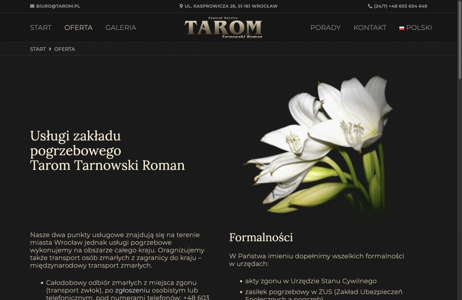 Podstrona oferty i formalności zakładu pogrzebowego TAROM