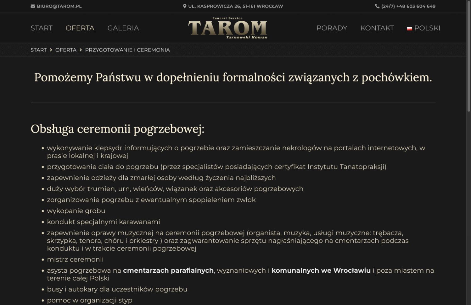Szczegółowy zakres organizacji ceremonii pogrzebowej