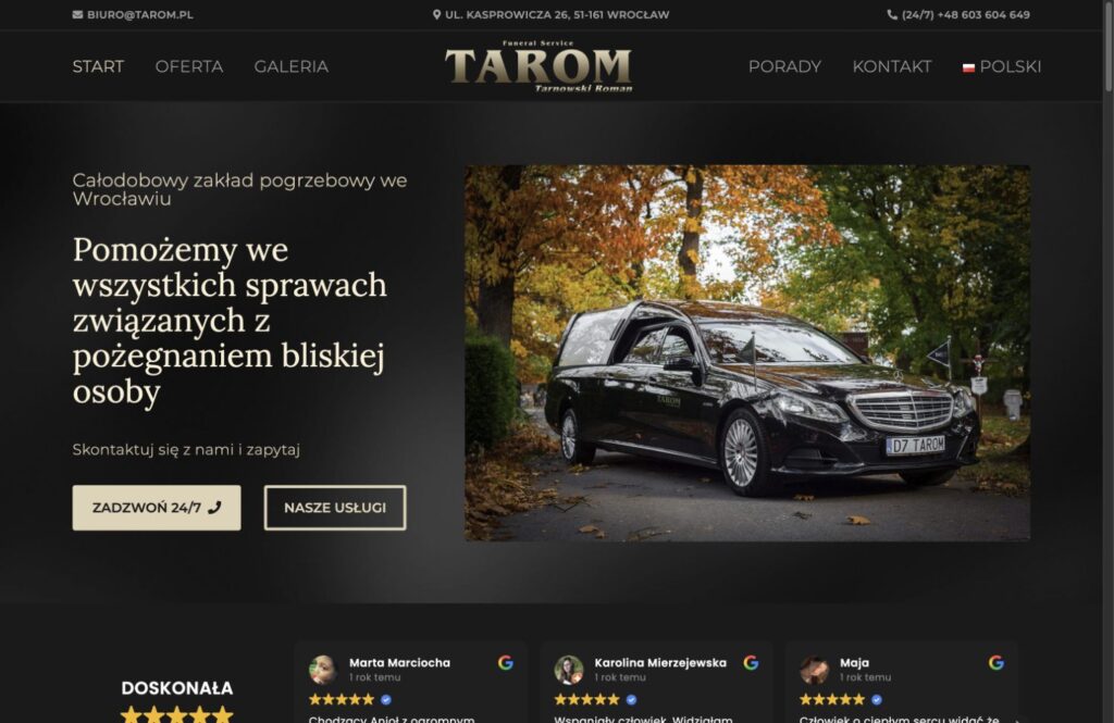 Pierwszy ekran strony zakładu pogrzebowego TAROM we Wrocławiu