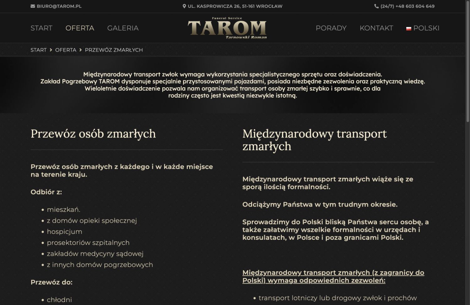 Podstrona krajowego i międzynarodowego transportu osób zmarłych