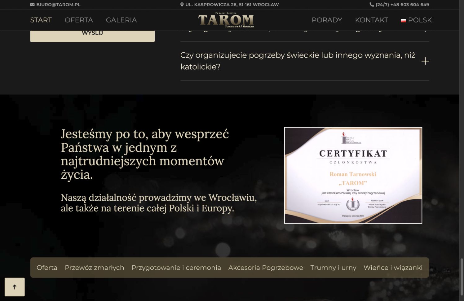 Sekcja wiarygodności i obszaru działania zakładu pogrzebowego TAROM