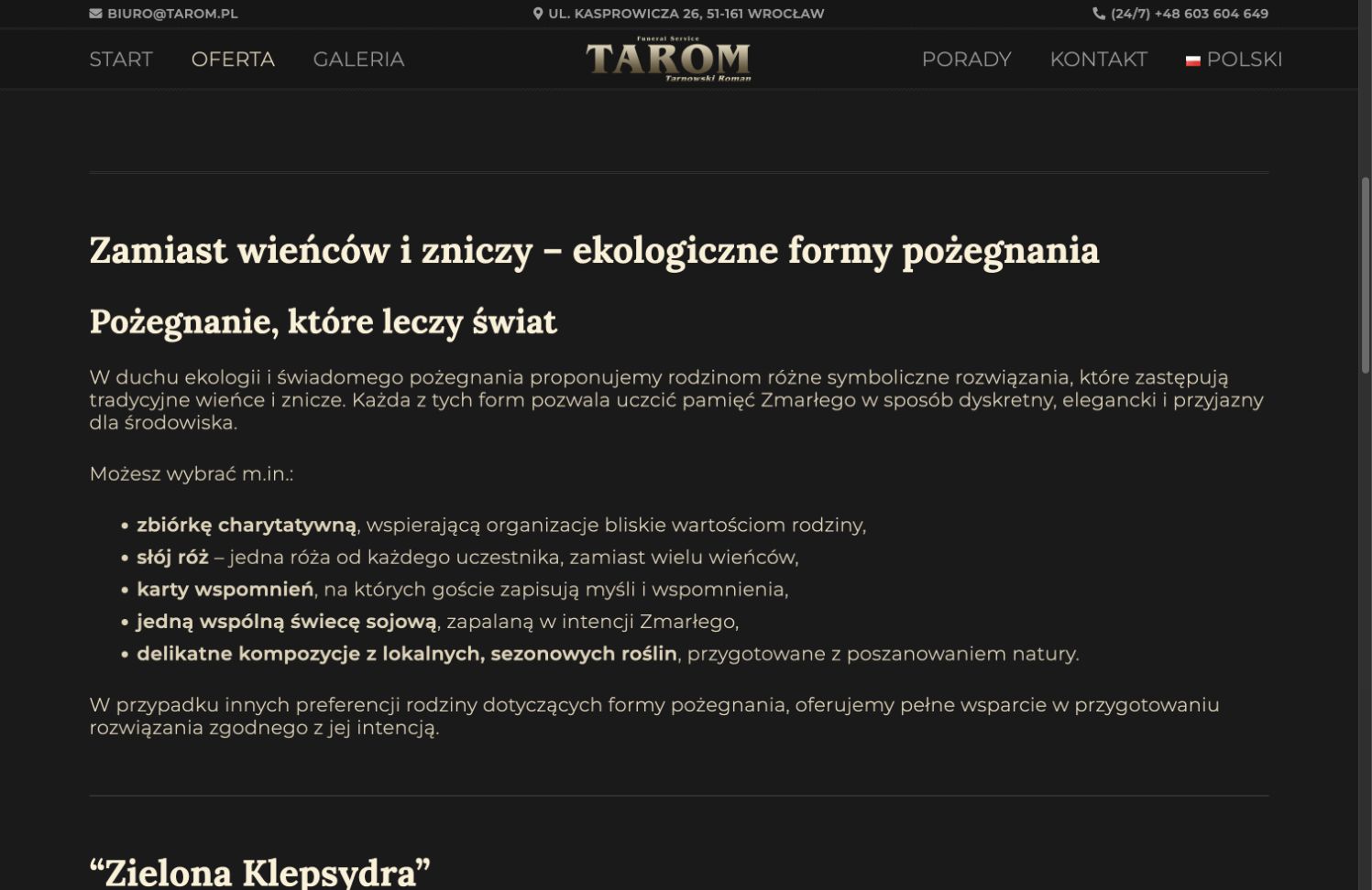 Opis ekologicznych form pożegnania w serwisie TAROM