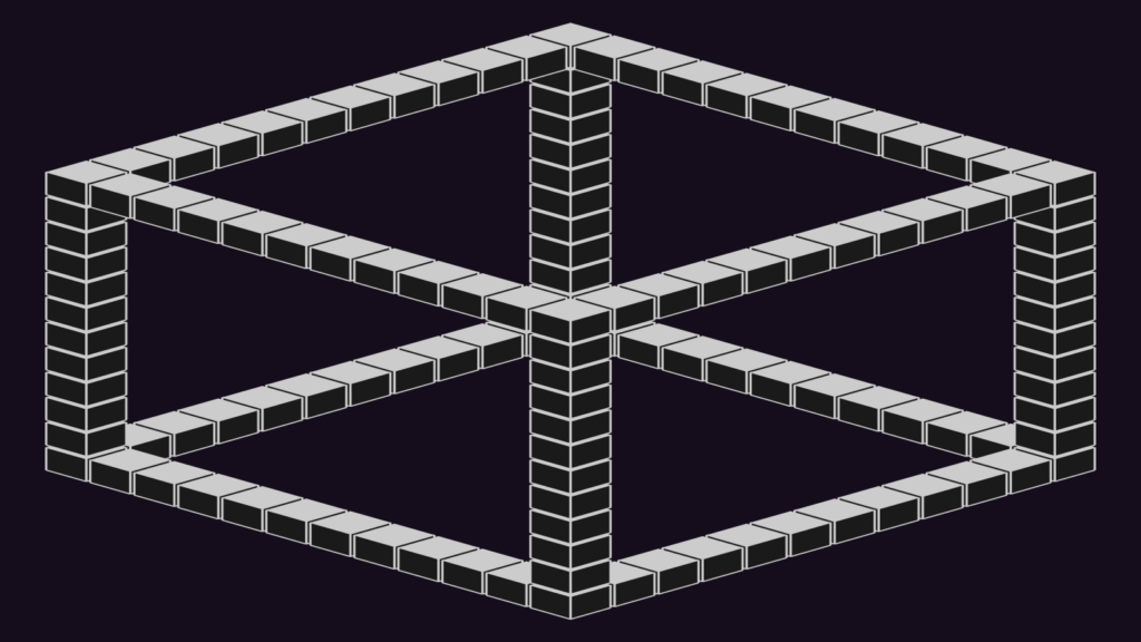 Book of Shapes: geometryczna siatka połączonych sześcianów symbolizująca warianty produktów i zależności filtrów na ciemnym tle